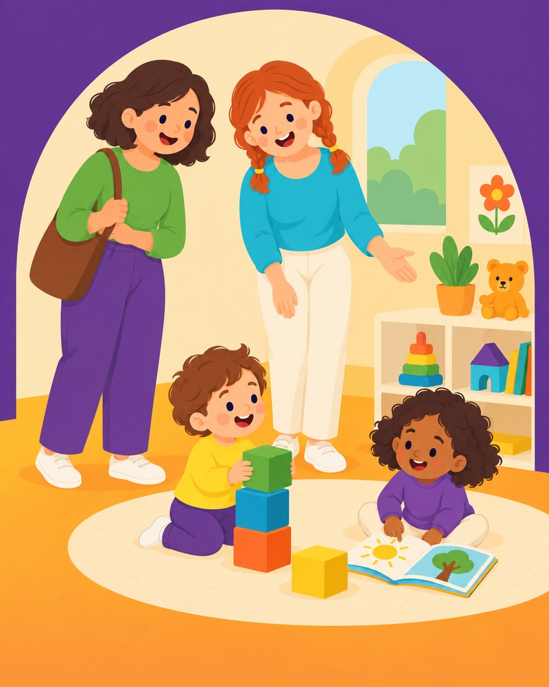 Pedagogisch medewerker laat een ouder de groepsruimte zien terwijl twee peuters spelen en een boekje lezen