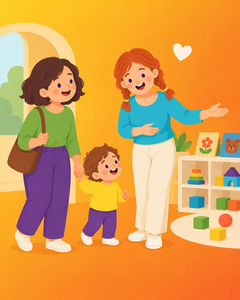 Een moeder krijgt met haar peuter een rondleiding door de groepsruimte van KDV Pippi