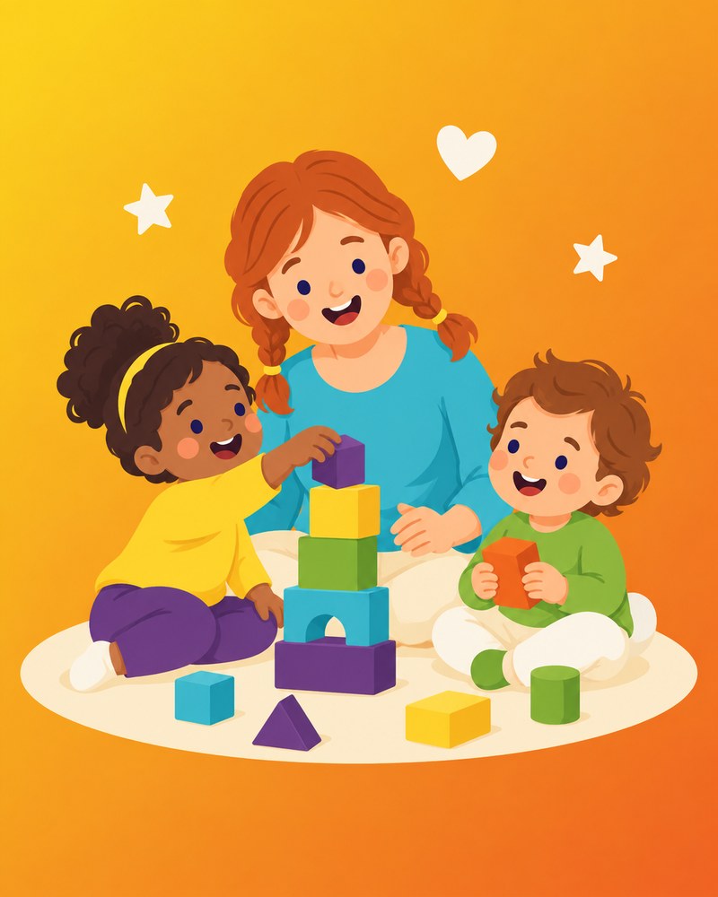 Pedagogisch medewerker van KDV Pippi speelt met twee peuters met gekleurde blokken